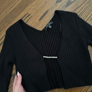 FORE Black Ribbed V-Neck Crop Top with Rhinestone Accent